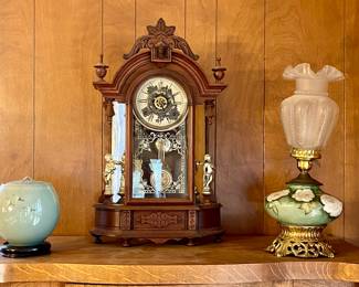 KOREAN CELADON VASE , ANTIQUE ANSONIA CLOCK, ANTIQUE HAND PAINTED FLORAL BRASS LAMP
