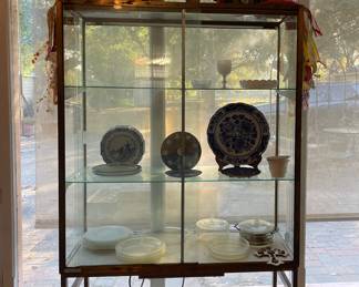 VINTAGE GLASS DISPLAY CABINET, OPALESCENT GLASS PLATES, FALL DECOR