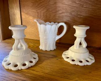 PAIR OF WESTMORELAND DORIC MILK GLASS CANDLESTICKS, KEMPLE LACE AND DEWDROP MILK GLASS CREAMER
