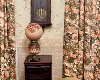 ANTIQUE GONE WITH THE WIND LAMP, ANTIQUE PENDULUM WALL CLOCK, ANTIQUE JEWELRY ARMOIRE, VICTORIAN PEDESTAL PIANO STOOL