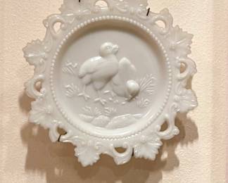 WESTMORELAND MILK GLASS BUNNY & DUCK PLATE, PIETRA DURA STONE INLAID PLATE