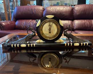 FRENCH MARBLE & ONYX ART DECO CLOCK FEATURING A PAIR OF STYLIZED PEACOCKS