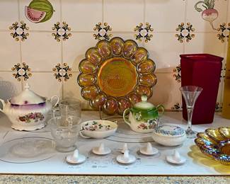AMBER CARNIVAL GLASS DEVILED EGG PLATES