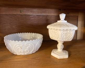 IMPERIAL MILK GLASS SCALLOPED BOWL, IMPERIAL GLASS PEDESTAL CANDY DISH
