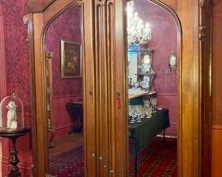 ANTIQUE CARVED MIRROR FRONT GORGEOUS ARMOIRE