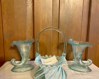 FENTON BLUE OPALESCENT RUFFLE BASKET, FENTON ART GLASS BLUE OPALESCENT CORNUCOPIAS