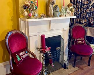 ANTIQUE MAHOGANY RED VELVET OPEN ARM CHAIRS, CHRISTMAS DECOR