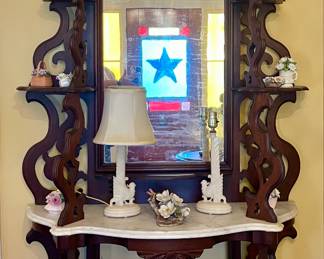 ANTIQUE VICTORIAN WALNUT ETAGERE WITH MIRRORED BACK AND MARBLE TOP