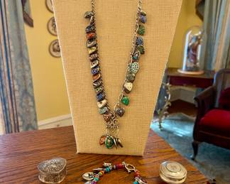 AMAZING STERLING SILVER & ENAMEL HEART CHARM NECKLACE ON A CHAIN MARKED GERMANY-ALSO SOME OF THE HEART CHARMS ARE POSITIONED ON A JAMES AVERY CHARM HOLDER
