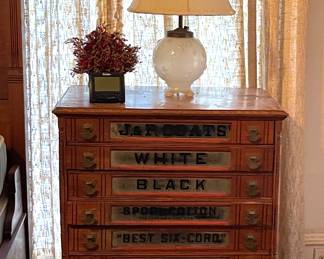 ANTIQUE J & P COATS SPOOL THREAD CABINET, ANTIQUE LAMP