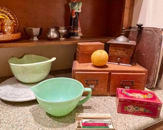 VINTAGE JADEITE MIXING BOWL, COFFEE GRINDER, RECIPE BOXES