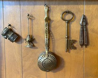 BRASS CHESTNUT ROASTER , BRASS KEY, BRASS NUTCRACKER, BRASS AUTO-LITE CARBIDE COAL MINER’S LAMP