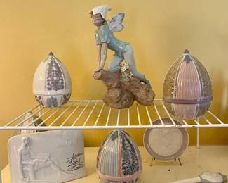 LLADRO PORCELAIN EGGS WITH FLOWERS INSIDE, LLADRO “PRINCE OF THE ELVES” RETIRED FIGURINE, LLADRO COLLECTOR’S SOCIETY SIGNED DON QUIXOTE PLAQUE-BISQUE