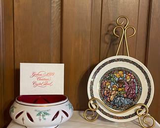 GORHAM LIMITED EDITION HAND CUT TRIPLE CASED CRYSTAL BOWL, D’ARCEAU LIMOGES NOEL VITRAIL COLLECTORS PLATE