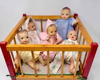 Set of 5 Terri Lee Style 9” Baby Dolls in Wooden Crib