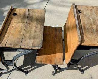 Two Antique Elementary School Wooden Desks
