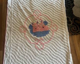Darling vintage chenille baby blanket with bunnies-pristine!