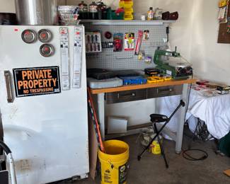 Work bench, tons of tools, garage freezer 