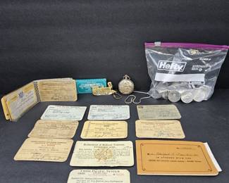 - Union Pacific Railroad Ephemera Lot – Train Passes, Certificates, Credit Union Book, Brass Train Knife, Pocket Watch