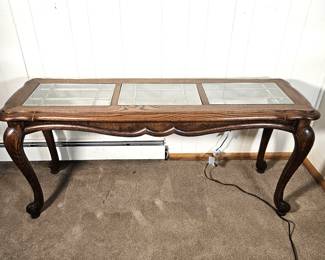 Vintage Oak Sofa / Hall Table w/ Leaded Glass Removable Panes
