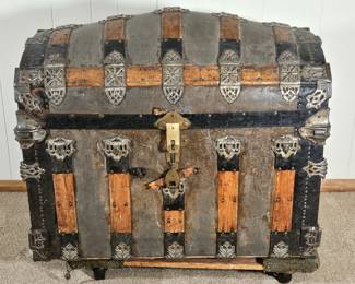 Antique Dome Top Steamer Trunk w/ Lift-Out Storage Tray & Ornate Hardware – 34"x24"x24" Late 1800s