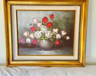 Vintage Oil Painting Floral Still Life Signed "Deacon" in Gold Frame 28x23