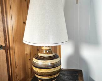 Vintage Mid-Century Pottery Table Lamp Brown & Tan Striped Glaze w/ Original Shade 38”