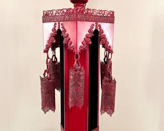 Moroccan/Turkish Red Hexagon Hanging Lantern with Ornately Pierced Metal Hanging Shades & Hexagonal Metal Body