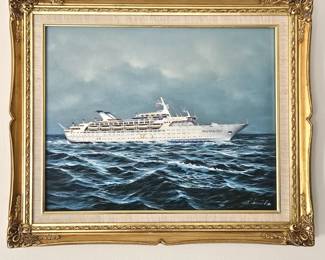 Vintage Oil Painting of “Southward” Cruise Ship in Ornate Gold Frame 25"x21" (Signed by Unknown Artist)
