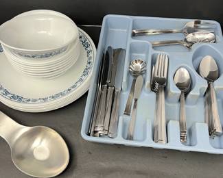 Stainless Flatware Set for 8 plus serving pieces and extras by Wallace Manhattan
Vintage Corelle Dinnerware Set for 8 with blue floral border "Old Town Blue Onion"-