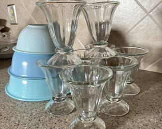 Vintage PYREX - Blue Clear Bottom Nesting Bowls- Set of 3- Plus Libbey Ice Cream Sundae Glasses Set of 8