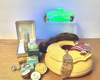 VTG. Art Deco Green Uranium Glass Powder Box, Celluloid Hair Receiver, Dance Lady Brooch, Hairpiece, Jewelry Lot