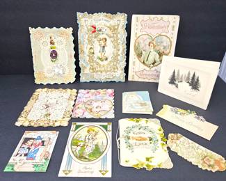 Antique Greeting Cards and Post Card Including Antique Victorian Die-Cut Embossed Greeting Cards Lot (12) Valentines
