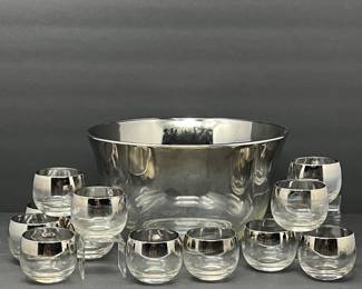 1940s Silver Ombré Rimmed Punch Bowl w/ 12 Matching Serving Glasses- Gorgeous Mid Century Set