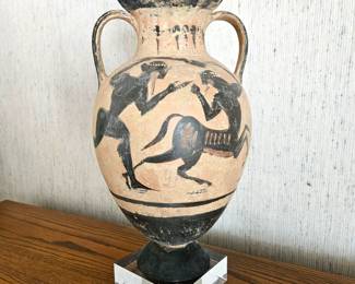 Antique-Style Greek Black-Figure Clay Vase – Warrior & Horse Scene, 19" Tall w/ Stand