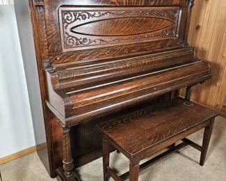 Antique Capen Upright Piano Tiger Oak Wood w/ Bench – Brockport NY – 62”