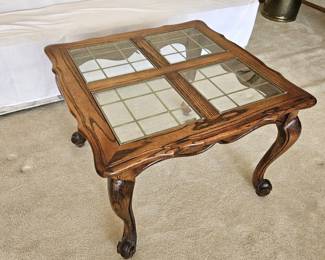 Vintage Oak End Table w/ Leaded Glass Removable Panes