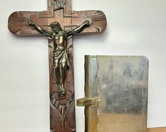Vintage Wood Wall Cross with Metal Jesus Christ Figure and Metal Locking Bible Box