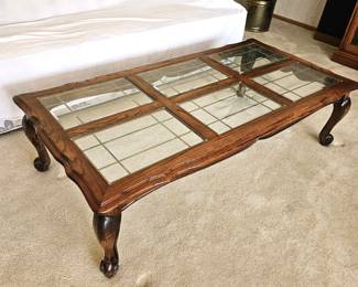 Vintage Oak Coffee Table w/ Leaded Glass Removable Panes – 59” x 30” x 16”