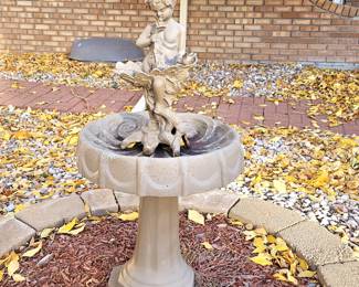 Birdbath With Statue on Top - Concrete Painted Brown