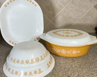 Vintage Butterfly Gold PYREX Casserole Dish with Lid and Three Serving Pieces