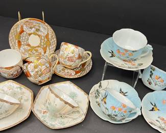 Antique Chinese & Japanese Fine Porcelain Teacup & Saucer Sets- Traditional Hand-Painted Satsuma, Florals, Birds