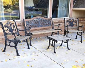 Berkeley Forge Cast Iron & Wood Patio Set – Golf & Floral Motif Bench, 2 Chairs & Table