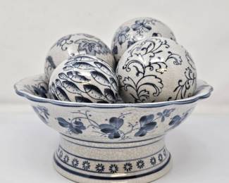 Beautiful Porcelain Footed Pedestal Bowl and Four Porcelain Decorative Balls