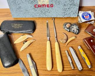 Various Antique and Vintage Lot- Sinclair Optical Co. Cases, Safety Award Knives, Bone Handled Utility Items & more