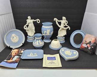Lot of Wedgwood Jasperware Blue & White – Vases, Plates, Jug, Trinket Box, Figures – Signed Lord Wedgwood 1999