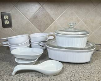 Set of White Vintage Corning Ware, ‘Grab It’ Bowls, Round & Rectangular Casserole Dish w/ Glass Lids, Pyroceram