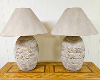 Pair Southwestern Style Pottery Table Lamps 32” Heavy Ceramic Base w/ Shades