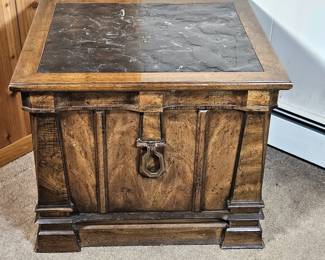 Vintage 1970s End Table with Cabinet Storage & Slate Top – Wood & Metal Pull Accent - Warm Sold Wood