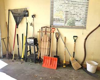 Garage Essentials Lot - Pickaxe, Shovels, Rakes, Ice Breaker & More! Also Includes an Antique Scythe & Sleigh
